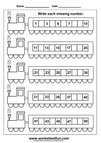  Missing Numbers (1-50) - Train - Worksheet 1 - Download Missing Numbers (1-50) - Train - Worksheet 2 - Download Missing Numbers (1-50) - Train - Worksheet 3 - Download Missing Numbers (1-50) - Train - Worksheet 4 - Download Missing Numbers (1-50) - Train - Worksheet 5 - Download Missing Numbers (1-50) - Train - Worksheet 6 - Download