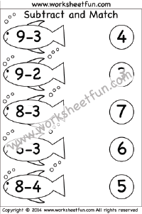 Kindergarten Subtraction Worksheets - Subtract and Match - 3 Worksheets